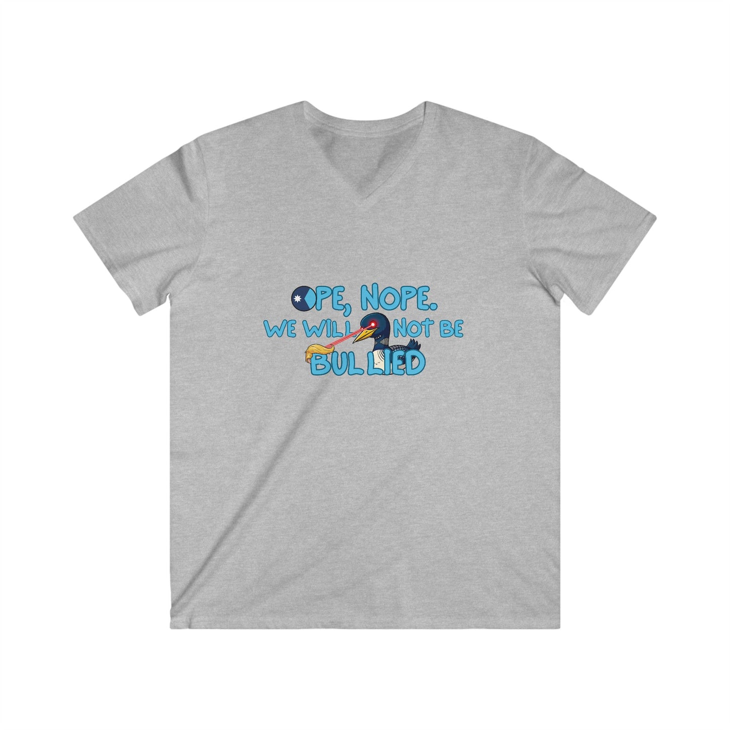 Men's V-Neck Tee — 'Nope, We Will Not Be Bullied' Parrot Anti-Bullying Graphic