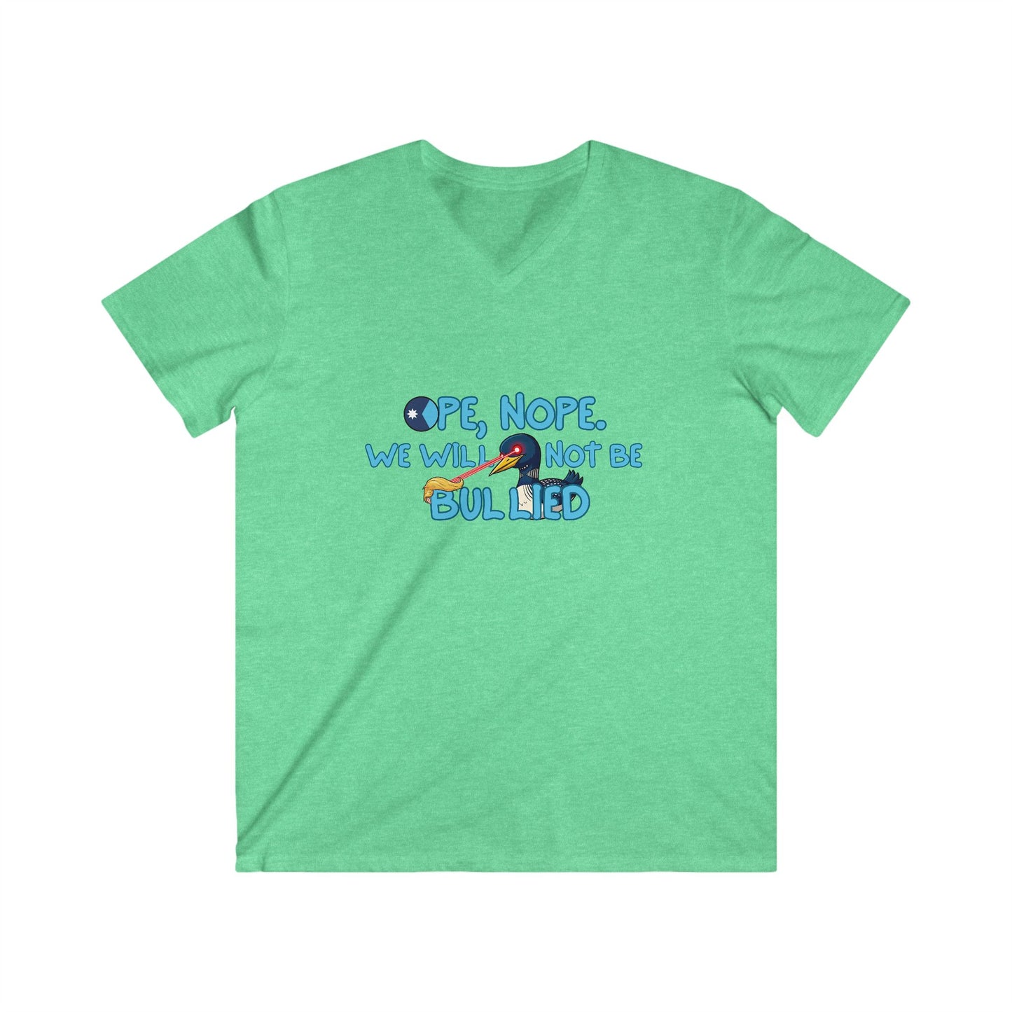 Men's V-Neck Tee — 'Nope, We Will Not Be Bullied' Parrot Anti-Bullying Graphic