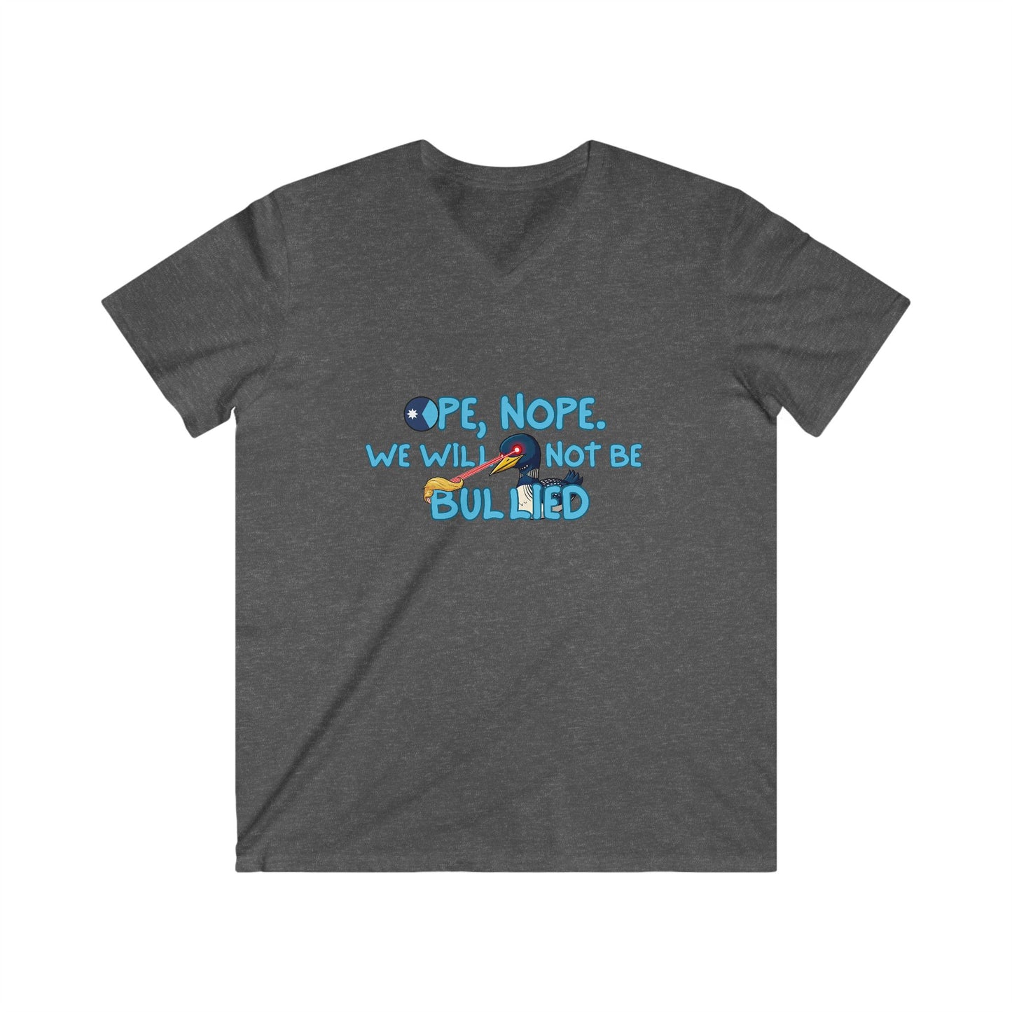 Men's V-Neck Tee — 'Nope, We Will Not Be Bullied' Parrot Anti-Bullying Graphic