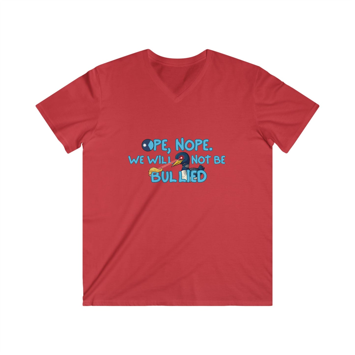 Men's V-Neck Tee — 'Nope, We Will Not Be Bullied' Parrot Anti-Bullying Graphic