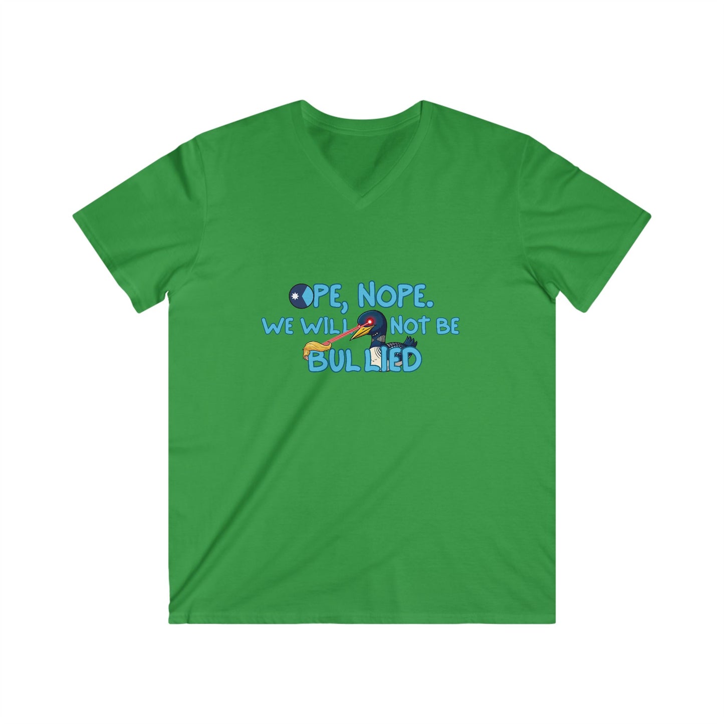 Men's V-Neck Tee — 'Nope, We Will Not Be Bullied' Parrot Anti-Bullying Graphic