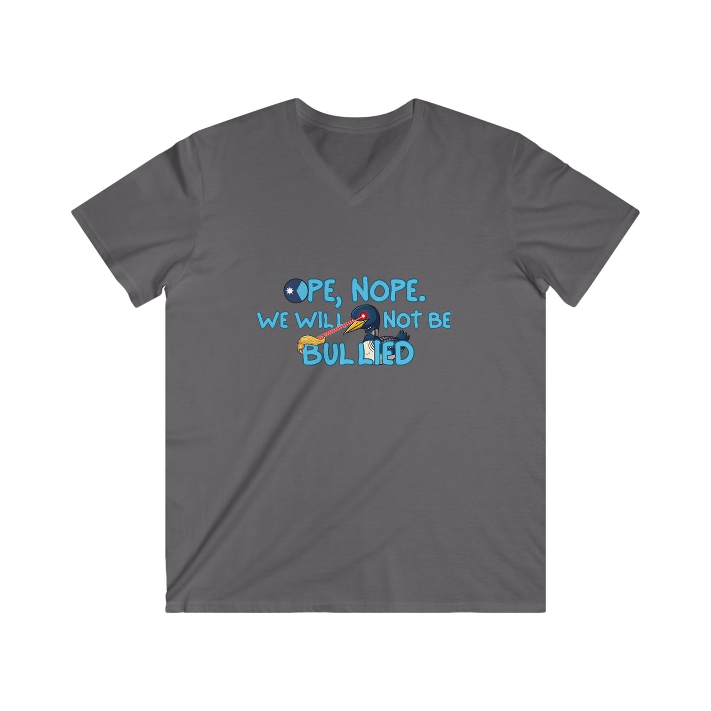 Men's V-Neck Tee — 'Nope, We Will Not Be Bullied' Parrot Anti-Bullying Graphic